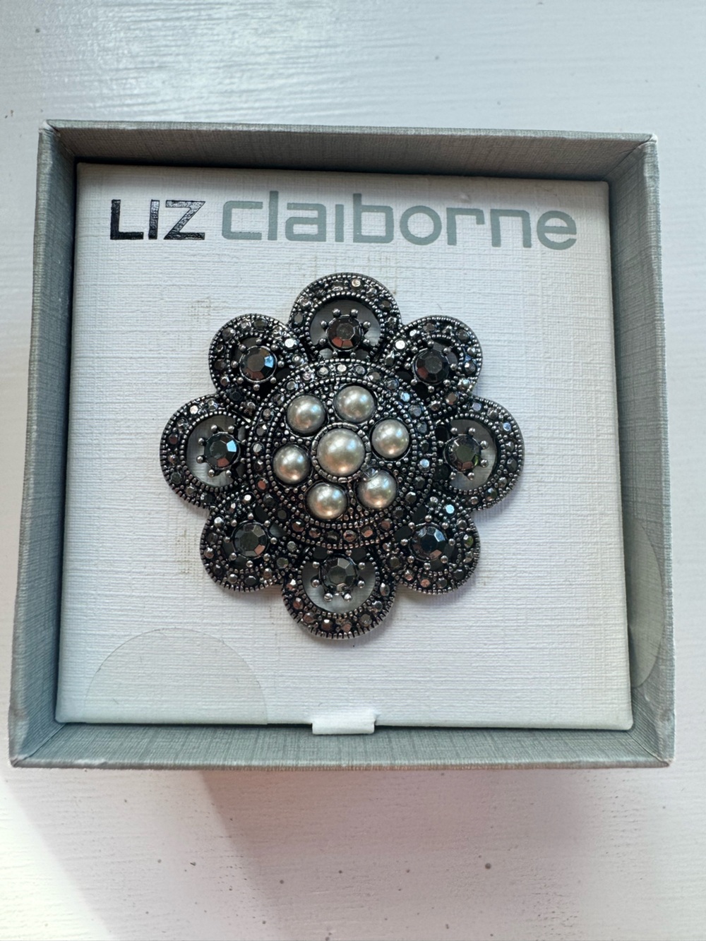 Liz Claiborne Vintage Style Adjustable Rhinestone & Faux Pearl Statement Ring
